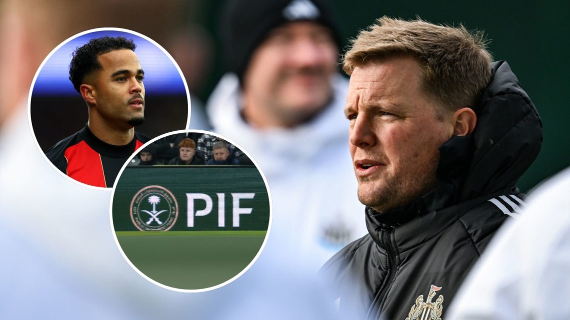Eddie Howe. Inset, Justin Kluivert and the PIF logo at St James' Park.