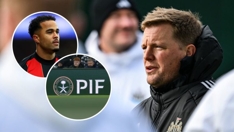 Eddie Howe. Inset, Justin Kluivert and the PIF logo at St James' Park.