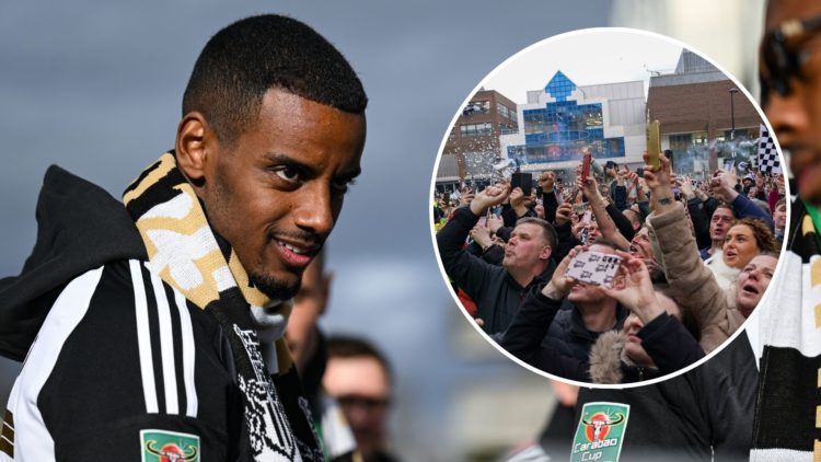 Alexander Isak during the Newcastle United trophy parade and celebration on March 29, 2025 in Newcastle upon Tyne, England. Inset, fans react durin...