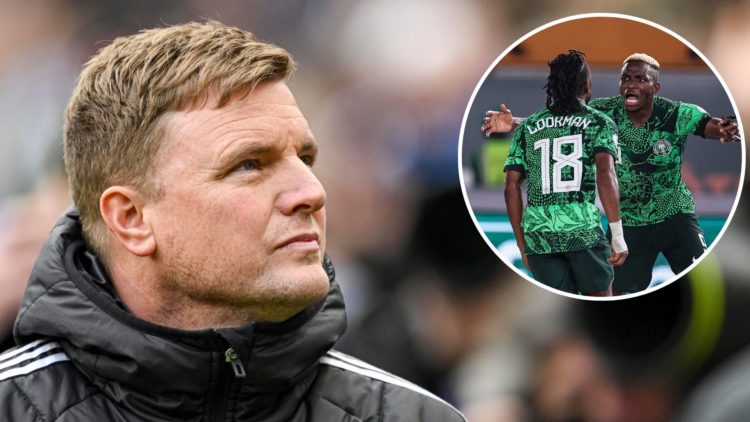 Newcastle United Head Coach, Eddie Howe looks on before the Emirates FA Cup Fifth Round match between Newcastle United and Brighton. Inset, Ademola...