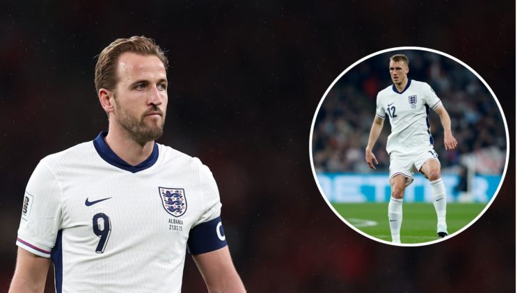 Harry Kane of England looks on during the FIFA World Cup 2026 European Qualifier between England and Albania at Wembley. Inset, Dan Burn of England...