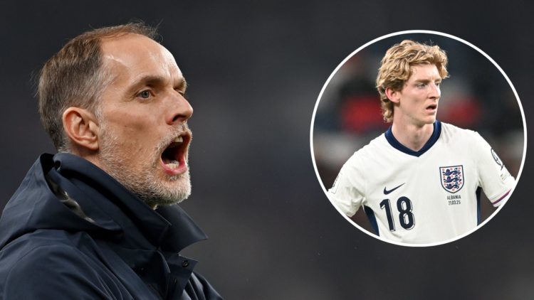 Thomas Tuchel, Head Coach of England, reacts during the FIFA World Cup 2026 European Qualifier between England and Albania. Inset, Anthony Gordon, ...