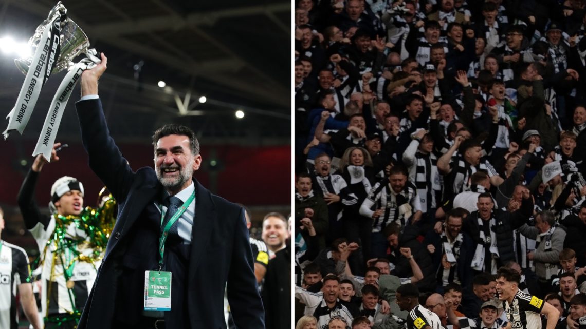 Split image of Yasir Al-Rumayyan lifting the Carabao Cup trophy (left) and Newcastle fans celebrating Isak's goal (right).