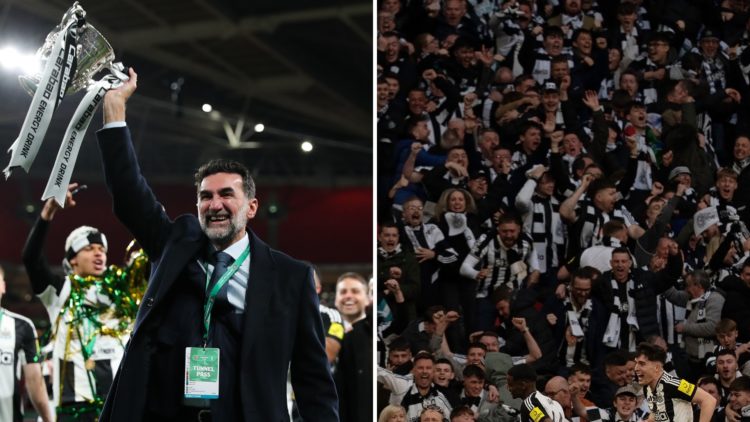 Split image of Yasir Al-Rumayyan lifting the Carabao Cup trophy (left) and Newcastle fans celebrating Isak's goal (right).