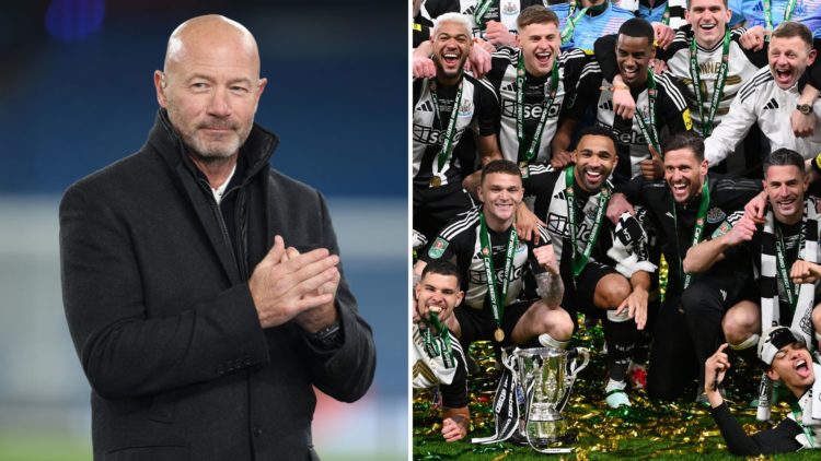 Split images of TV presenter Alan Shearer looks on prior to the UEFA Champions League 2024/25, The Newcastle United squad including co-captains Bru...