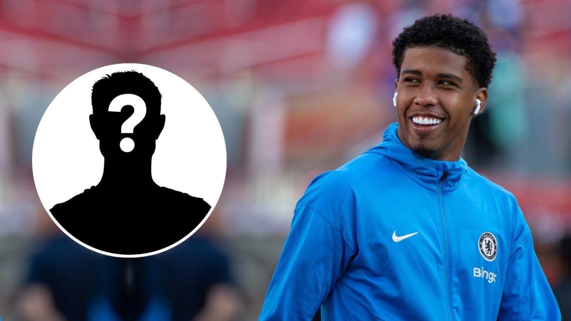 Image of Andrey Santos for Chelsea with an inset of a mystery player silhouette