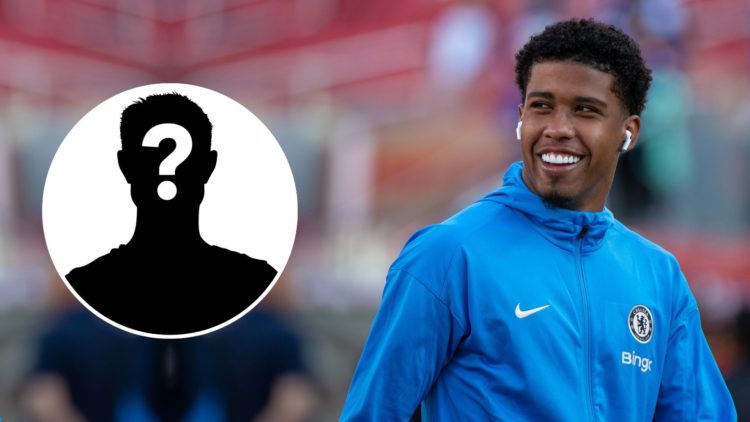 Image of Andrey Santos for Chelsea with an inset of a mystery player silhouette