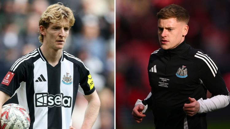Split image as Newcastle United player Harvey Barnes warms up in the adidas training top prior to the Carabao Cup Final, and Anthony Gordon of Newc...