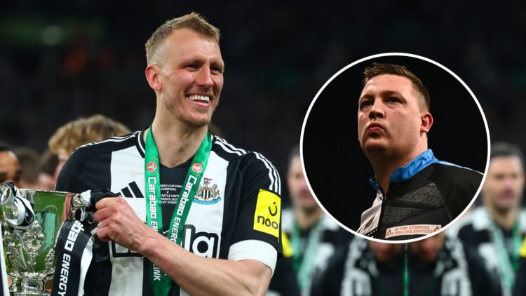 Dan Burn of Newcastle United celebrates with the trophy at full-time following the Carabao Cup Final. Inset, darts player Chris Dobey.