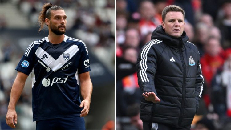 Split image of Girondins de Bordeaux's English forward Andy Carroll reacts during the French Nationale 2 football match and Newcastle United head c...