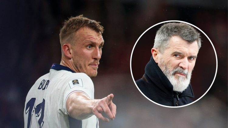 Dan Burn of England during the FIFA World Cup 2026 European Qualifier between England and Albania. Inset, Roy Keane, football pundit and former foo...