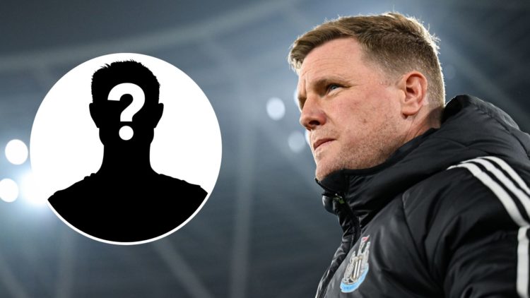 Newcastle United Head Coach Eddie Howe looks on during the Premier League match between West Ham United FC and Newcastle United FC. Inset, a myster...
