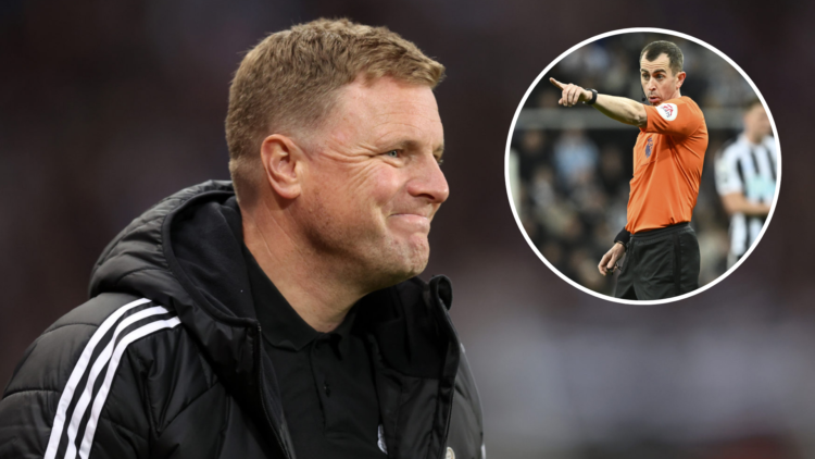 Newcastle United manager Eddie Howe and Premier League referee Peter Bankes