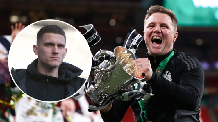 Newcastle United manager Eddie Howe celebrates with the Carabao Cup. Inset, Sven Botman appears during the Premier League match between Newcastle U...