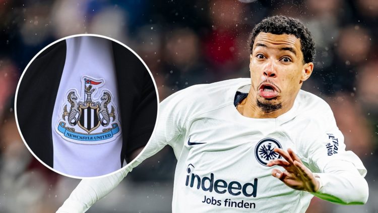 Eintracht Frankfurt forward Hugo Ekitike plays during the match between Eintracht and Ajax. Inset, The Adidas logo and club badge are seen on the s...