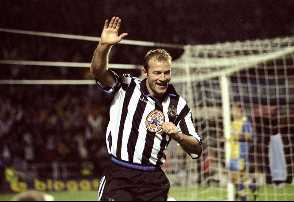 Alan Shearer of Newcastle celebrates a goal in 1999.