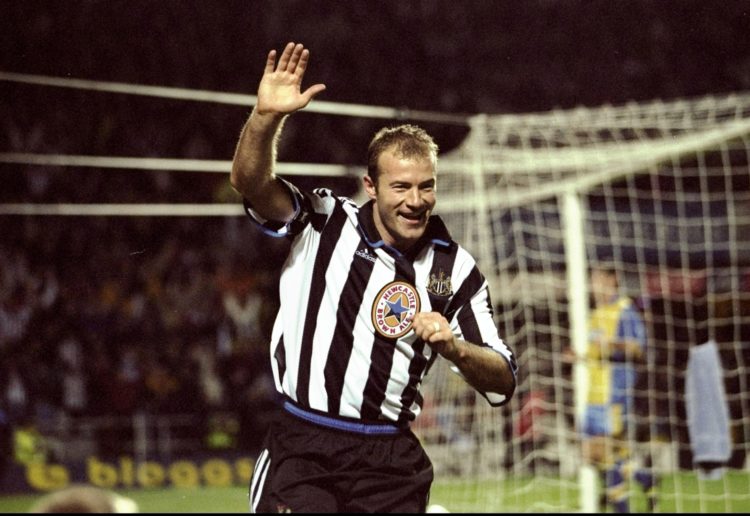 25 Oct 1999:  Alan Shearer of Newcastle celebrates scoring during the FA Carling Premiership match against Derby played at St James Park in Newcast...