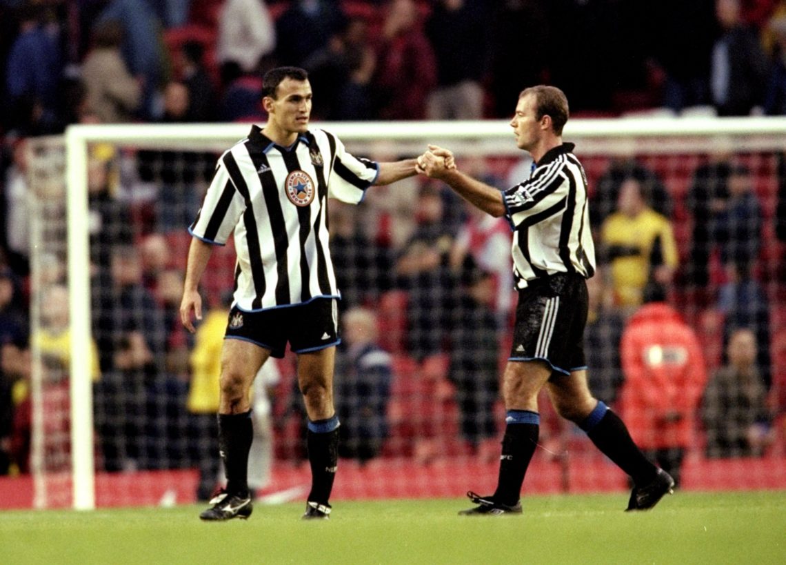 30 Oct 1999:  Nikolaos Dabizas and Alan Shearer of Newcastle United celebrate an away draw at Arsenal during the FA Carling Premiership match at Hi...