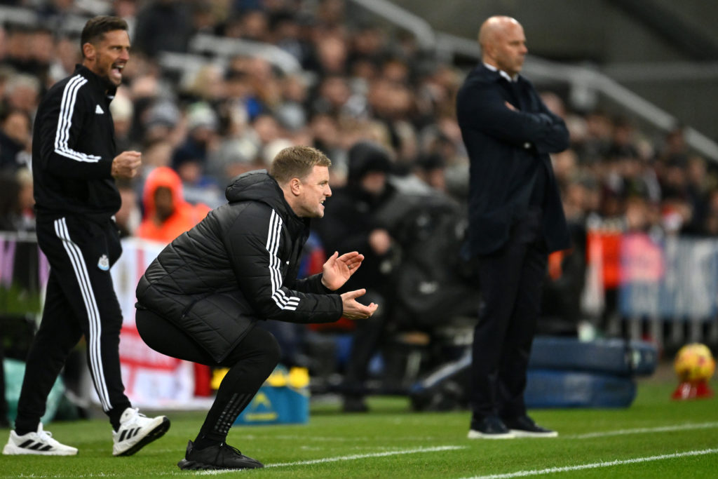 Eddie Howe and Arne Slot on the touchline at St James' Park as Newcastle United play Liverpool.