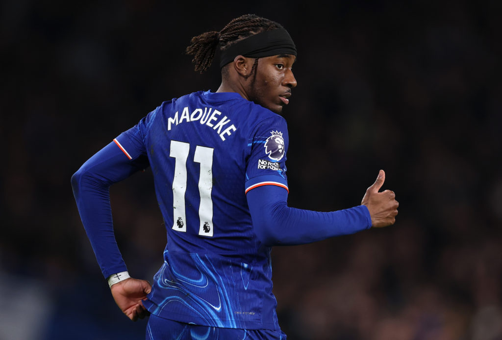 Noni Madueke of Chelsea reacts during the Premier League match between Chelsea FC and West Ham United FC