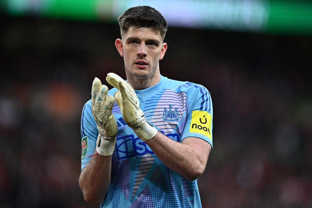 Nick Pope applauds the fans after the Carabao Cup final between Newcastle United and Liverpool.