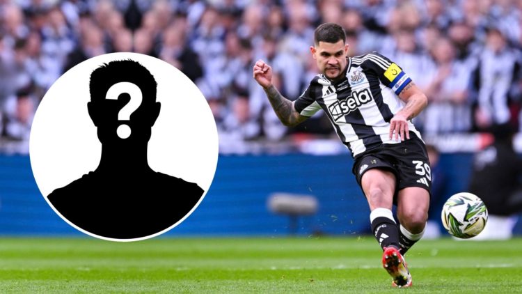 Bruno Guimarães of Newcastle United passes the ball during the Carabao Cup Final between Liverpool and Newcastle United. Inset, a mystery player.
