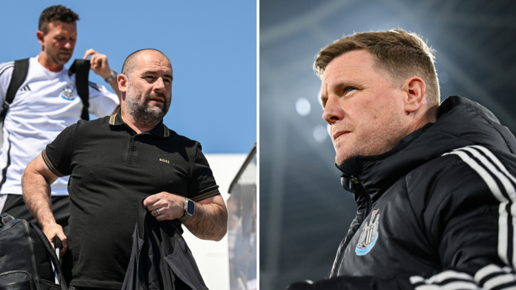 Newcastle United Head Coach Eddie Howe looks on during the Premier League match between West Ham United FC and Newcastle United FC. Newcastle Unite...