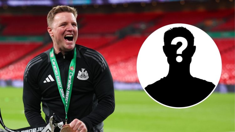 Eddie Howe the head coach / manager of Newcastle United celebrates with the trophy after the Carabao Cup Final between Liverpool and Newcastle Unit...