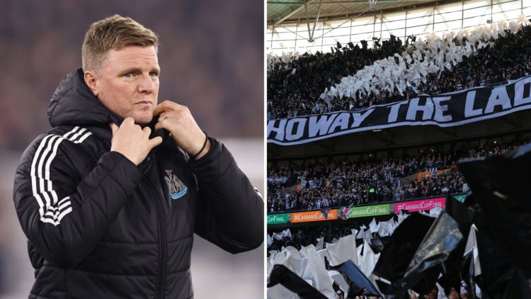 Split image of Newcastle United manager Eddie Howe during the Premier League match between West Ham United FC and Newcastle United FC, and Newcastl...