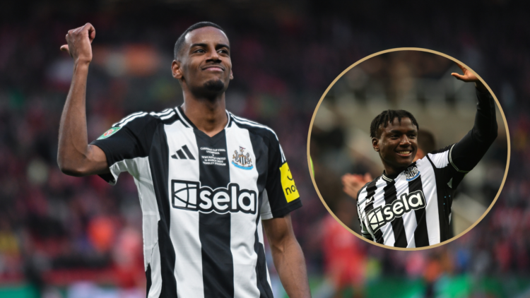 Alexander Isak of Newcastle United (14) celebrates after scoring Newcastle's second goal during the Carabao Cup Final Michael Ndiweni of Newcastle ...