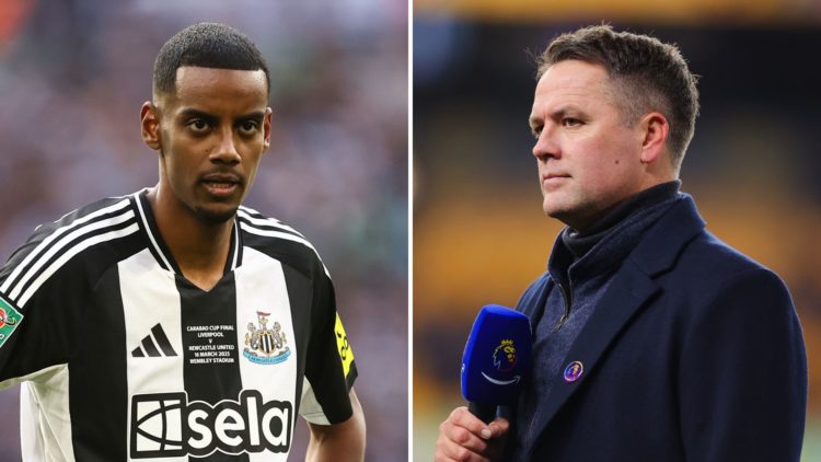 Alexander Isak of Newcastle United during the Carabao Cup Final between Liverpool and Newcastle United, and Amazon Prime pundit Michael Owen looks ...