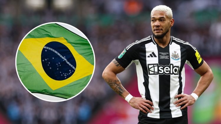Joelinton of Newcastle United during the Carabao Cup Final between Liverpool and Newcastle United. Inset, the Brazilian flag.