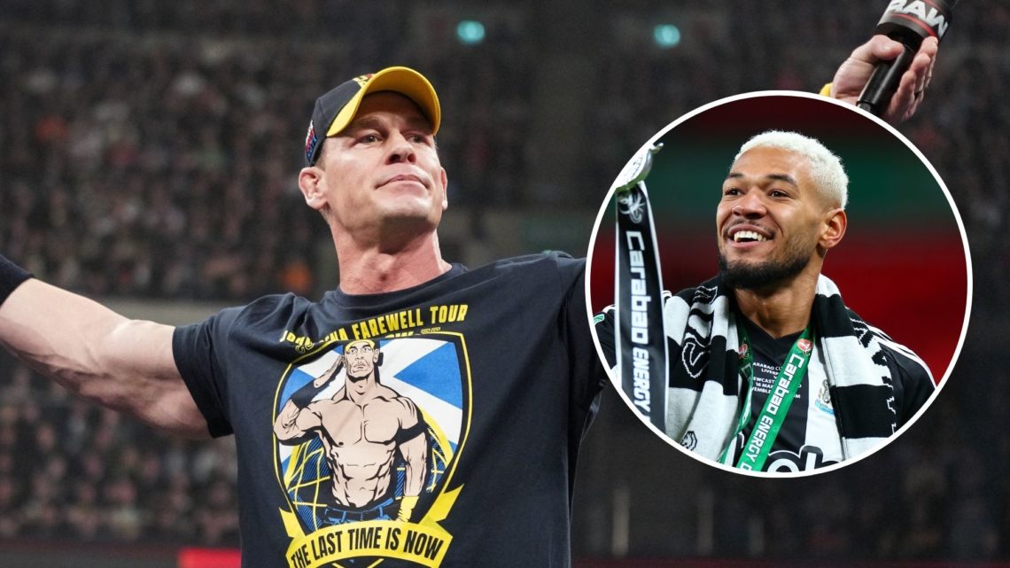 John Cena addresses the crowd during Monday Night RAW. Inset, Joelinton of Newcastle United celebrates with the trophy at full-time following the C...
