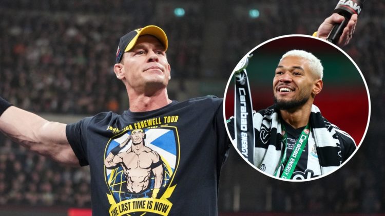 John Cena addresses the crowd during Monday Night RAW. Inset, Joelinton of Newcastle United celebrates with the trophy at full-time following the C...