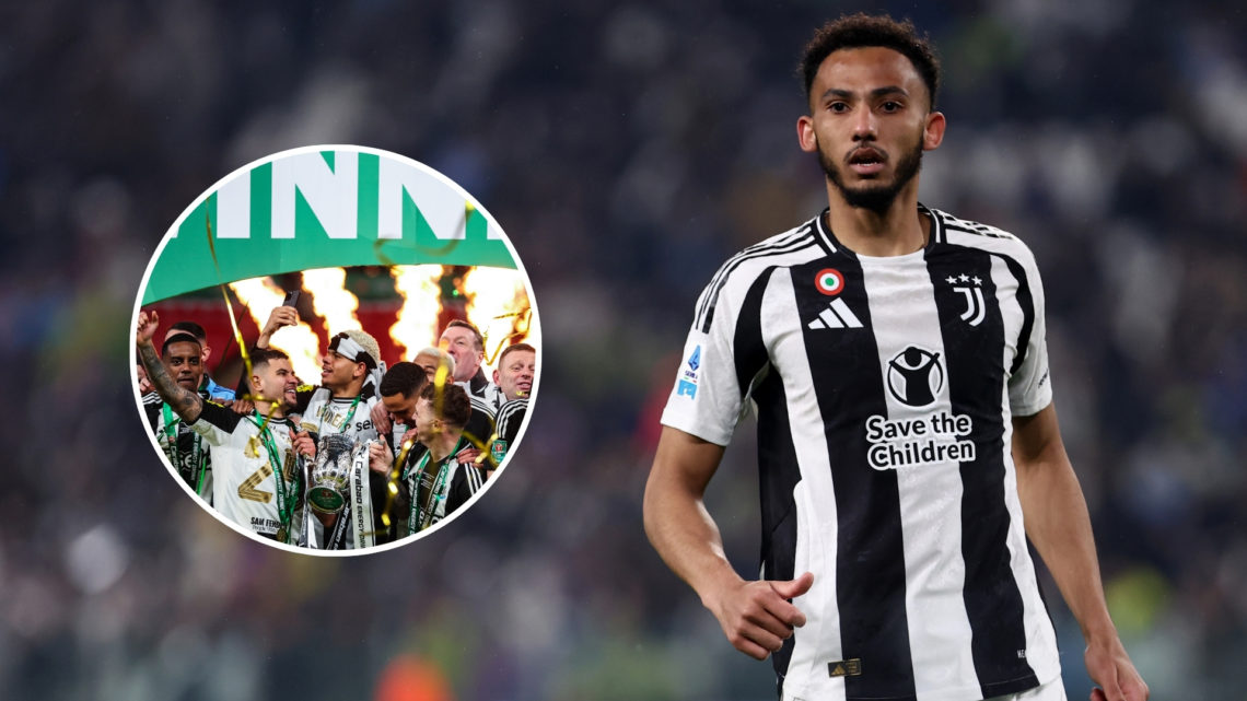 Lloyd Kelly of Juventus FC looks on during the Serie A match between Juventus FC and Atalanta BC, with an inset of the Newcastle United Carabao Cup...