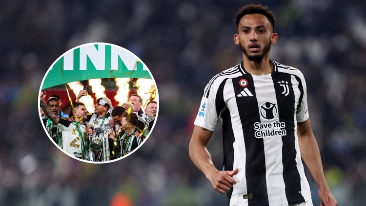 Lloyd Kelly of Juventus FC looks on during the Serie A match between Juventus FC and Atalanta BC, with an inset of the Newcastle United Carabao Cup...