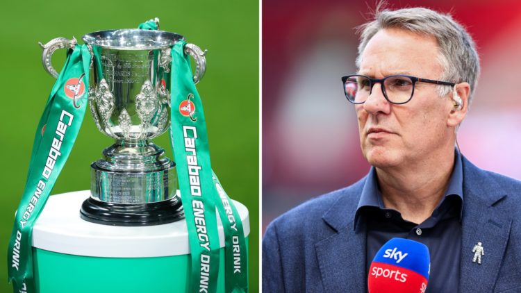 Split image of the Carabao Cup trophy (left) and Paul Merson working as a pundit for Sky Sports (right).