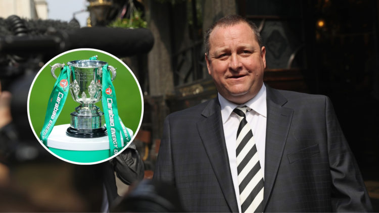 Sports Direct International founder Mike Ashley, with an inset of the Carabao Cup trophy.