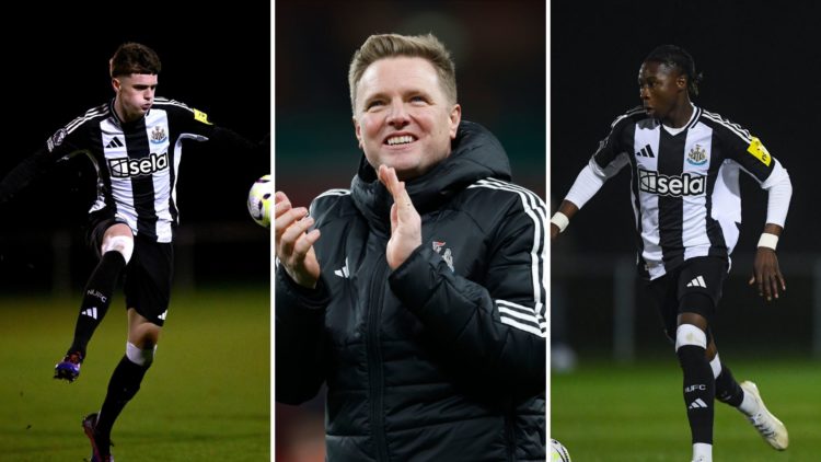 Split images of Sean Neave of Newcastle United controls the ball during the The FA Youth Cup 3rd round match between Newcastle United and Brighton ...