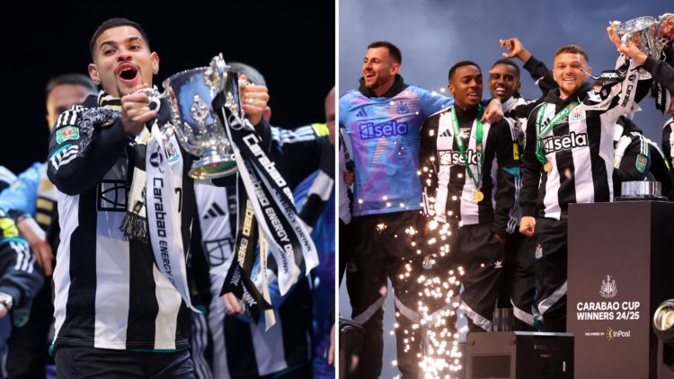 Split image of Bruno Guimaraes and Newcastle players celebrating Carabao Cup win