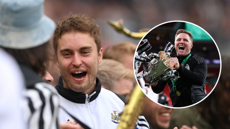 Musician Sam Fender smiles after being introduced at half time during the Premier League match between Newcastle United and Crystal Palace. Inset, ...