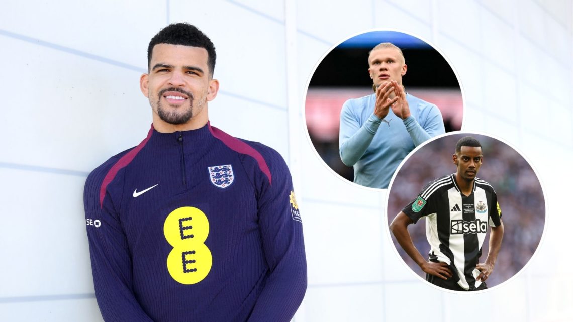 Dominic Solanke of England. Insets, Manchester City's Norwegian striker #09 Erling Haaland applauds at the end of the English Premier League footba...