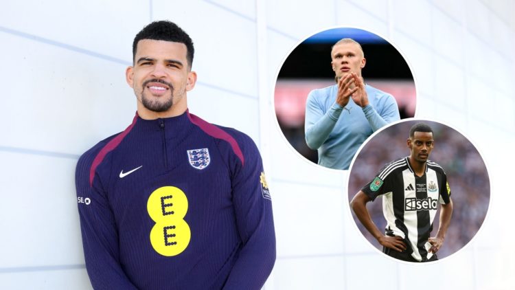 Dominic Solanke of England. Insets, Manchester City's Norwegian striker #09 Erling Haaland applauds at the end of the English Premier League footba...