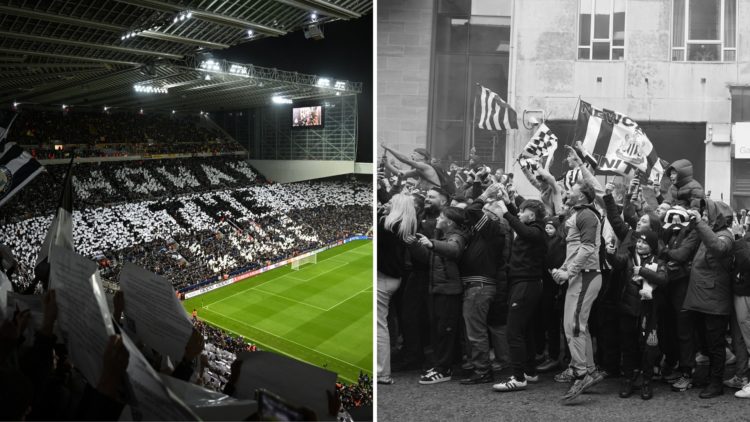 A general view of the full stadium tifo before the UEFA Champions League match between Newcastle United FC and Borussia Dortmund, and Newcastle fan...