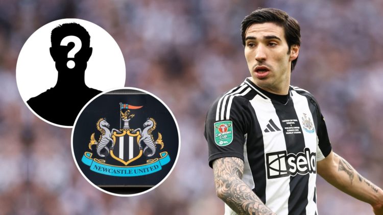 Sandro Tonali of Newcastle United during the Carabao Cup Final between Liverpool and Newcastle United. Inset, Newcastle badge and a mystery player.