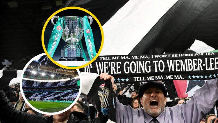 Collage of Newcastle United fans and Carabao Cup trophy.