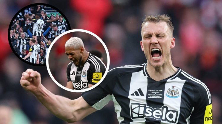 Collage of Dan Burn, Joelinton and Alexander Isak celebrating goals in the Carabao Cup final vs Liverpool.