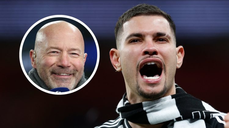 Bruno Guimaraes celebrates (R) and Alan Shearer (L).