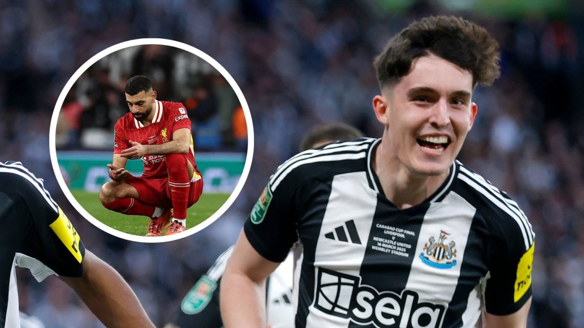 Tino Livramento celebrates in Carabao Cup final. Inset: Mohamed Salah of Liverpool.