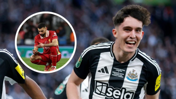 Tino Livramento celebrates in Carabao Cup final. Inset: Mohamed Salah of Liverpool.